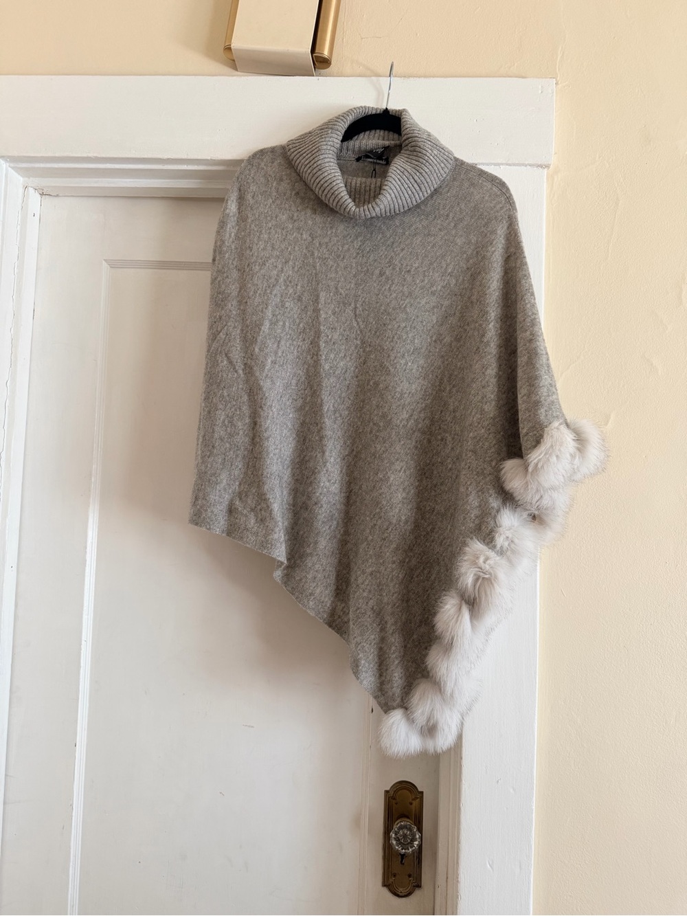 Turtleneck Faux-Fur Trim Poncho - Light Gray
